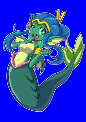  absurd_res alternate_form animal_humanoid arm_support armlet blue_hair breasts crown ear_fins eyelashes fangs featureless_breasts female fin fish fish_humanoid hair hair_bun headgear hi_res humanoid marine marine_humanoid merfolk mermaid_tail monster_girl_(genre) navel shantae shantae_(mermaid_form) shantae_(series) split_form teeth tiara unknown_artist wayforward 