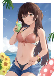  absurdres bikini black_bikini blue_shorts blue_sky blush breasts brown_eyes brown_hair closed_mouth clothes_pull cloud collarbone cup day drink drinking_glass drinking_straw female flower food fruit hair_between_eyes highres holding holding_cup holding_drink lemon lemon_slice long_hair looking_at_viewer mountainous_horizon navel ocean open_mouth outdoors pink_innertube polka_dot_innertube red_bikini revival short_shorts shorts shorts_pull sky smile solo sunflower suou_yuki swimsuit tokidoki_bosotto_roshia-go_de_dereru_tonari_no_alya-san whipped_cream 