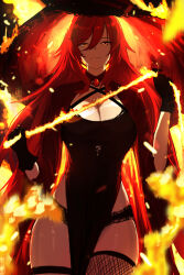  absurdres black_gloves black_hat breasts brooch character_request check_character cleavage closed_mouth cowboy_shot female fire fishnet_thighhighs fishnets furai_sen gloves hat highres holding holding_whip jewelry large_breasts long_hair looking_at_viewer original panty_straps pelvic_curtain red_hair red_theme smile solo thighhighs very_long_hair yellow_eyes yellow_theme 