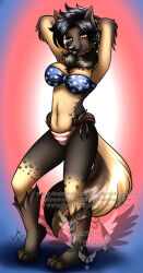  2024 4_toes american_flag_bikini anthro barefoot big_breasts bikini black_hair black_nose breasts brown_body brown_fur cleavage clothed clothed_anthro clothed_female clothing distracting_watermark feet female flag_bikini fur hair hands_behind_head hindpaw hyena mammal markings monica_corduroy multicolored_body multicolored_fur navel paws shana smile solo spots spotted_body spotted_fur spotted_hyena standing swimwear tan_body tan_fur text toes two-piece_swimsuit two_tone_body two_tone_fur url watermark 