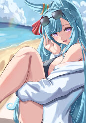  animal_ears bare_shoulders beach bikini black_bikini blue_hair blue_sky blush braid cloud cloudy_sky commentary_request crown_braid day ear_ornament eyewear_on_head female highres holding_own_leg horse_ears horse_girl horse_tail jacket knees_up light_blue_hair long_hair long_sleeves mejiro_ardan_(umamusume) naname_(nanameee_04) ocean open_clothes open_jacket open_mouth outdoors purple_eyes sand sky smile solo sunglasses swimsuit tail umamusume water 