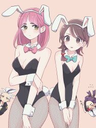  2boys 2girls animal_ears bare_shoulders black_hair black_leotard blush bow bowtie braid breasts brown_eyes brown_hair cleavage closed_eyes closed_mouth detached_collar drayton_(pokemon) eyelashes fake_animal_ears gloves hair_ornament highres jacket juliana_(pokemon) kieran_(pokemon) lacey_(pokemon) leotard long_hair long_sleeves multicolored_hair multiple_boys multiple_girls open_clothes open_mouth pink_hair playboy_bunny pokemon pokemon_sv purple_hair rabbit_ears rabbit_tail red_gloves shinogo_no shirt short_hair smile strapless strapless_leotard tail two-tone_hair white_hair white_jacket white_shirt wrist_cuffs yellow_eyes 