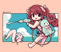  :d barefoot bikini blue_sky bow brown_eyes brown_hair chibi cloud commentary_request female frilled_bikini frills from_behind full_body hairbow highres holding holding_water_gun long_hair looking_at_viewer looking_back magia_record:_mahou_shoujo_madoka_magica_gaiden mahou_shoujo_madoka_magica ocean open_mouth pink_bikini rioran satomi_touka satomi_touka_(swimsuit_costume) sidelocks sky small_kyubey smile solo standing stuffed_animal stuffed_toy swimsuit teddy_bear twintails twitter_username water water_gun 