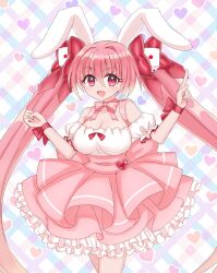  animal_ears bare_shoulders bow breasts cheriko_24 choker cleavage commentary di_gi_charat dice dice_hair_ornament dress female hair_ornament hairbow heart highres large_breasts long_hair looking_at_viewer open_mouth pink_hair rabbit_ears rabbit_girl red_eyes ribbon smile solo standing twintails usada_hikaru 