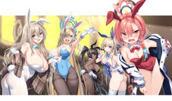  5girls ahoge akane_(blue_archive) akane_(bunny)_(blue_archive) animal_ears aqua_bow aqua_bowtie ass asuna_(blue_archive) asuna_(bunny)_(blue_archive) asymmetrical_bangs bare_shoulders black_hair black_leotard blue_archive blue_eyes blue_leotard blue_ribbon blush bow bowtie braid breasts brown_eyes brown_pantyhose brown_scarf cleaning_&amp;_clearing_(blue_archive) cleavage commentary dark-skinned_female dark_skin detached_collar elbow_gloves fake_animal_ears fishnet_pantyhose fishnets glasses gloves hair_over_one_eye hair_ribbon halo highleg highleg_leotard highres jacket karin_(blue_archive) karin_(bunny)_(blue_archive) large_breasts leotard light_brown_hair long_bangs long_hair long_sleeves looking_at_viewer mole mole_on_breast mole_under_eye multiple_girls neru_(blue_archive) neru_(bunny)_(blue_archive) off_shoulder official_alternate_costume one_eye_closed one_eye_covered open_clothes open_jacket open_mouth orange_hair pantyhose playboy_bunny ponytail print_jacket rabbit_ears rabbit_tail red_eyes red_leotard ribbon scarf shinozuka_atsuto sidelocks single_braid smile strapless strapless_leotard tail thighband_pantyhose thighs toki_(blue_archive) toki_(bunny)_(blue_archive) very_long_hair white_gloves white_jacket white_leotard white_pantyhose yellow_eyes 