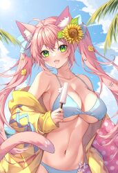  absurdres animal_ear_fluff animal_ears bikini blue_bikini blue_bow bow breasts cat_ears cleavage cloud collarbone commission female flower food green_eyes hair_flower hair_ornament hairbow highres holding holding_food holding_popsicle indie_virtual_youtuber jacket kittychu_(vtuber) navel oerba_yun_fang open_clothes open_jacket open_mouth palm_leaf pink_hair popsicle skin_fang sky solo summer sunflower sunflower_hair_ornament swimsuit tail tsukichan_(maynyan23) virtual_youtuber yellow_jacket 