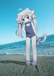  :o ahoge animal_ear_fluff animal_ears bare_arms bare_shoulders blue_one-piece_swimsuit blue_sky blush bow breasts cat_ears cat_girl cat_tail commentary_request crocs day female full_body grey_hair highres holding horizon long_hair looking_at_viewer nakkar ocean old_school_swimsuit one-piece_swimsuit original outdoors parted_lips photo_background pink_bow purple_eyes purple_footwear school_swimsuit sky small_breasts solo standing sweat swimsuit tail tail_bow tail_ornament twintails twitter_username very_long_hair water water_gun 