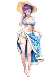  bikini blue_eyes blush breasts earrings female full_body hat highres jewelry large_breasts long_hair looking_at_viewer navel necklace original print_bikini print_sarong purple_hair sarong simple_background smile solo sun_hat sunglasses swimsuit tinted_eyewear v-mag white_background 