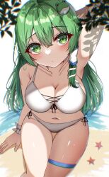  absurdres beach bikini blush breasts cleavage collarbone day female frog_hair_ornament green_eyes green_hair hair_ornament hair_tubes highres kiui_(dagk8254) kochiya_sanae large_breasts legband long_hair looking_at_viewer navel ocean outdoors sand single_hair_tube smile snake_hair_ornament solo starfish swimsuit touhou water white_bikini 