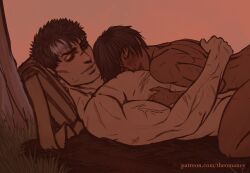  1boy after_sex athletic berserk big_arms big_breasts big_muscles big_pecs bigger_male blush casca_(berserk) cute dark-skinned_female dark_skin female guts_(berserk) happy, high_resolution hugging, interracial, light-skinned_male light_skin male muscular muscular_male nude nude_male short_hair size_difference smaller_female smile, theo_(artist) wholesome wounds 