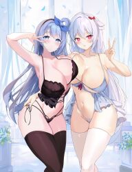  2girls absurdres ahoge arm_up armpits artist_request babydoll bare_arms bare_shoulders bikini black_bikini black_thighhighs blue_eyes blue_hair blush bra breast_press breasts bright_pupils cleavage closers commission grey_bra hair_ribbon hair_rings halterneck hand_on_another&#039;s_waist hand_up highleg highleg_panties highres large_breasts long_hair looking_at_viewer mirae_(closers) multi-strapped_bikini_bottom multiple_girls navel one_side_up original panties parted_lips red_eyes ribbon second-party_source side-tie_bikini_bottom skindentation standing stomach string_bikini string_bra string_panties swimsuit symmetrical_docking thighhighs thighs underbust underwear v very_long_hair white_babydoll white_hair white_thighhighs yuksi_(yuksi) 