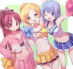  3girls :d ;d alternate_costume arm_up armpits blonde_hair blue_eyes blue_hair blue_shirt blue_skirt breasts cheerleader cleavage commentary_request cowboy_shot flat_chest hand_on_own_hip highres holding holding_pom_poms jacket long_hair long_sleeves looking_at_viewer mahou_shoujo_madoka_magica mahou_shoujo_madoka_magica_(anime) medium_breasts miki_sayaka miniskirt multiple_girls navel one_eye_closed open_mouth pink_jacket pink_skirt pleated_skirt pom_pom_(cheerleading) ponytail red_eyes red_hair ruru_(rurumagi) sakura_kyoko shirt short_hair skirt smile standing tomoe_mami yellow_eyes 