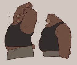  2024 anthro bear belly ben_bigger black_clothing black_shirt black_tank_top black_topwear bottomwear brown_body brown_fur clothing eye_scar facial_scar fur grey_bottomwear grey_clothing grey_pants hands_above_head hi_res krunnnnnch male mammal mihoyo open_mouth overweight overweight_male pants scar shirt simple_background solo stretching tan_background tank_top tired topwear yawn zenless_zone_zero 