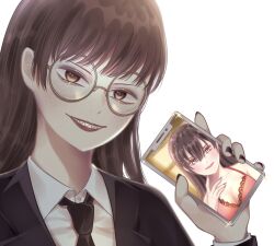  2.5_jigen_no_ririsa black_nails black_suit brown_eyes brown_hair female glasses highres holding holding_phone kirara_(k43mf) lipstick long_hair looking_at_viewer makeup necktie office_lady phone sharp_teeth shirt solo suit teeth white_background white_shirt 