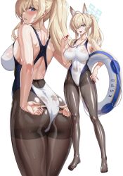  absurdres animal_ear_fluff animal_ears ass black_pantyhose blonde_hair blue_archive blue_eyes breasts commentary competition_swimsuit covered_navel female from_behind full_body hair_over_one_eye highleg highleg_one-piece_swimsuit highres holding holding_whistle kanna_(blue_archive) kanna_(swimsuit)_(blue_archive) karmiel large_breasts legs long_hair multiple_views official_alternate_costume one-piece_swimsuit pantyhose ponytail see-through_one-piece_swimsuit sharp_teeth simple_background standing swimsuit teeth thighband_pantyhose thighs toes whistle white_background white_one-piece_swimsuit 