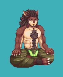  2018 abs animated anthro barazoku better_version_at_source blue_background body_hair canid canine chest_hair clothing digital_media_(artwork) fur hair low_res male mammal meditating muscular muscular_male pecs pixel_(artwork) pixel_animation rohunt_(character) simple_background sitting solo source_request unknown_artist 