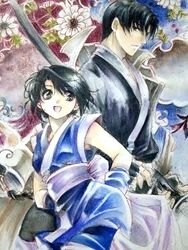  1boy bad_id bad_pixiv_id black_eyes black_hair braid commentary_request female floral_background flower graphite_(medium) highres hug japanese_clothes long_hair makimachi_misao manly nijinohouseki painting_(medium) rurouni_kenshin shinomori_aoshi short_hair single_braid smile traditional_media watercolor_(medium) 