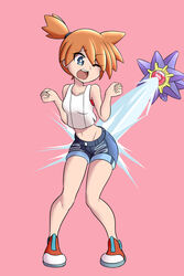  absurdres bangs bare_shoulders blue_eyes blue_shorts breasts collarbone creatures_(company) denim denim_shorts eyebrows_visible_through_hair female female full_body game_freak gen_1_pokemon hair_tie hands_up highres kasumi_(pokemon) midriff navel nintendo one_eye_closed open_mouth orange_hair pink_background pokemon pokemon_(creature) pokemon_(game) pokemon_lgpe red_footwear shirt shoes short_hair short_shorts shorts side_ponytail simple_background sleeveless sleeveless_shirt small_breasts solo_focus squirting standing starmie surprised teeth tied_hair water white_shirt zannatemx 