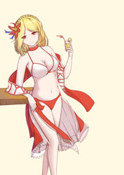  absurdres arm_support azur_lane bare_shoulders bikini blonde_hair braid breasts choker cleavage closed_mouth commentary_request crown_braid cup drink drinking_glass drinking_straw earrings fat-rat feet_out_of_frame female flower food fruit hair_flower hair_ornament hand_up head_tilt highres holding holding_cup jewelry large_breasts lemon lemon_slice long_hair looking_at_viewer medium_hair navel official_alternate_costume prince_of_wales_(azur_lane) prince_of_wales_(sun_shining_upon_windsor)_(azur_lane) red_eyes sarong shawl simple_background smile solo standing swimsuit tropical_drink 