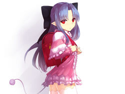  apo_(apos2721) backpack bag black_bow blue_hair bow capelet center_frills commentary_request cosplay cowboy_shot dress female frilled_dress frilled_skirt frilled_sleeves frills fur-trimmed_capelet fur_trim hair_intakes hairbow half_updo highres holding_strap kagetsu_tooya kanna_kamui kanna_kamui_(cosplay) kobayashi-san_chi_no_maidragon len_(tsukihime) long_hair long_sleeves looking_at_viewer md5_mismatch melty_blood parted_bangs pink_dress profile randoseru red_eyes short_dress skirt slit_pupils solo tail thighhighs tsukihime white_background white_thighhighs zettai_ryouiki 