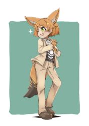  :d adapted_costume animal_ears bad_id bad_pixiv_id belt black-backed_jackal_(kemono_friends) brown_gloves brown_hair commentary extra_ears female full_body gloves green_background green_eyes jackal_ears jackal_tail kemono_friends looking_away necktie oerba_yun_fang open_mouth pants shoes short_hair simple_background smile solo teranekosu white_necktie 