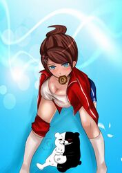  artist_request asahina_aoi bending_forward blue_eyes brown_hair danganronpa dark_skin doughnut eating female food hair_ornament leaning_forward monokuma 