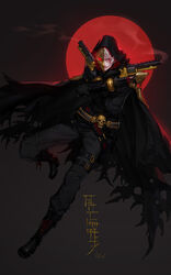  belt boots bullet cloak commentary_request dual_wielding dungeon_and_fighter earrings fingerless_gloves gloves glowing glowing_eyes gun gunner_(dungeon_and_fighter) highres holding holding_gun holding_weapon holster hood jewelry lanyuandashen mask photoshop_(medium) ranger_(dungeon_and_fighter) red_eyes scar scratches signature skull smoke torn_clothes weapon white_hair 