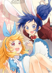  2girls aikatsu! aikatsu!_(series) alice_(alice_in_wonderland) alice_(alice_in_wonderland)_(cosplay) alice_in_wonderland animal_ears apron bad_id bad_pixiv_id blonde_hair blue_eyes blue_hair blush chika_(orange_pop) cosplay dress falling gloves hair_ribbon holding_hands hoshimiya_ichigo interlocked_fingers kiriya_aoi long_hair multiple_girls open_mouth rabbit_ears red_eyes ribbon scrunchie side_ponytail smile tuxedo white_gloves white_rabbit_(alice_in_wonderland) white_rabbit_(alice_in_wonderland)_(cosplay) 