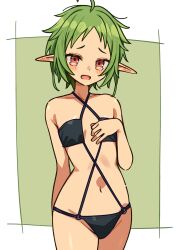  07nono06 absurdres ahoge alternate_costume bikini black_bikini breasts criss-cross_halter elf female green_hair halterneck highres mushoku_tensei navel o-ring o-ring_bikini open_mouth pointy_ears red_eyes short_hair small_breasts solo swimsuit sylphiette_(mushoku_tensei) tearing_up 