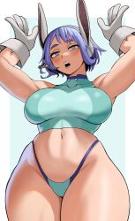  animal_ears bikini blue_eyes blue_hair boku_no_hero_academia breasts fake_animal_ears female gloves green_bikini gud0c hadou_nejire hands_up highleg highleg_bikini highres large_breasts navel open_mouth rabbit_ears short_hair solo swimsuit white_gloves 