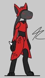  absurd_res ambiguous_gender anthro armor black_body breastplate colored digital_media_(artwork) fingers hand_spike head_tuft hi_res leg_markings machine markings protogen red_body rilo_roshigan signature simple_background solo spikes spikes_(anatomy) thigh_markings tuft visor 