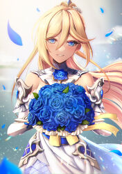  absurdres bare_shoulders bianka_durandal_ataegina bianka_durandal_ataegina_(stellar_promise) blonde_hair blue_flower blue_petals blue_rose bouquet collar commentary_request cowboy_shot dead_angels detached_sleeves dress female flower hair_between_eyes hair_flower hair_ornament highres holding holding_bouquet honkai_(series) honkai_impact_3rd long_hair looking_at_viewer official_alternate_costume rose smile solo very_long_hair wedding_dress white_collar white_dress white_sleeves 