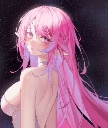  absurdres back backless_dress backless_outfit breasts dress elf elysia_(herrscher_of_human:_ego)_(honkai_impact) elysia_(honkai_impact) female hair_between_eyes highres honkai_(series) honkai_impact_3rd jewelry jinnnnnn23 large_breasts long_hair looking_at_viewer looking_back open_mouth pink_hair pointy_ears purple_eyes sky solo star_(sky) starry_sky upper_body white_dress 