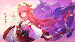  animal_ears breasts character_name clenched_teeth detached_sleeves drop_shadow earrings female floating_hair floppy_ears fox_ears fox_shadow_puppet fox_tail genshin_impact gohei hair_between_eyes hair_ornament hand_up highres holding holding_gohei japanese_clothes jewelry long_hair low-tied_long_hair medium_breasts miyoushe_watermark nail_polish nontraditional_miko outstretched_arm parted_lips pink_hair pink_nails purple_eyes sideboob solo tail teeth upper_body vinsonfeng vision_(genshin_impact) wide_sleeves yae_miko 