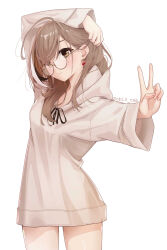  absurdres arm_up berry brown_eyes brown_hair brown_hoodie cowboy_shot crossed_bangs earrings female fingernails food-themed_earrings glasses hair_pulled_back highres hololive hololive_english hood hoodie jewelry looking_at_viewer multicolored_hair naked_hoodie nanashi_mumei nanashi_mumei_(casual) obi3 oversized_clothes round_eyewear streaked_hair v virtual_youtuber wide_sleeves 