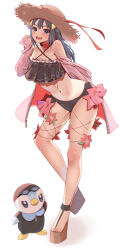  alternate_costume bikini black_bikini blue_eyes blue_hair brown_hat clothed_pokemon dawn_(pokemon) female flower flower_ornament full_body hat highres jacket long_hair looking_at_viewer momdy_(talesshinja) navel open_mouth pink_jacket piplup platform_footwear pokemon pokemon_(creature) pokemon_dppt red_flower red_ribbon ribbon sandals sidelocks simple_background smile solo straw_hat swimsuit toes 