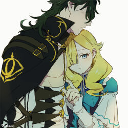  1boy blonde_hair blue_eyes couple female fire_emblem fire_emblem_engage green_hair gregory_(fire_emblem) guttary hair_flaps hair_over_one_eye leaning_on_person madeline_(fire_emblem) medium_hair pectorals straight wavy_hair white_background 