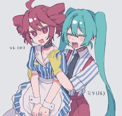  2girls ahoge alternate_costume black_choker black_necktie blue_dress blue_hair blue_skirt buttons character_age choker closed_eyes collared_dress collared_shirt detached_sleeves double-breasted dress drill_hair gloves hand_on_another&#039;s_arm hand_on_another&#039;s_shoulder hatsune_miku highres kasane_teto long_hair mesmerizer_(vocaloid) multiple_girls necktie open_mouth pants red_eyes red_hair red_pants rtm1016 shirt short_sleeves skirt striped_clothes striped_dress striped_shirt striped_skirt sweat synthesizer_v teeth tongue tongue_out twin_drills twintails upper_body upper_teeth_only utau vertical-striped_clothes vocaloid white_shirt yellow_gloves 