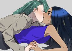  28natsumi 2girls bare_arms black_hair black_skirt blue_eyes collared_shirt commentary_request dark-skinned_female dark_skin ear_piercing eye_contact french_kiss geeta_(pokemon) green_hair grey_background grey_shirt highres holding_hands interlocked_fingers kissing long_hair long_sleeves looking_at_another multiple_girls piercing pokemon pokemon_sv purple_shirt red_eyes rika_(pokemon) shirt simple_background skirt sleeveless sleeveless_shirt sweatdrop tongue yuri 