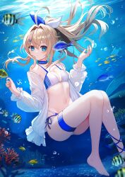  absurdres ahoge aoe_ui barefoot bikini blonde_hair blue_choker blue_eyes breasts bubble choker closed_mouth commentary_request coral feet female fish floating_hair full_body hair_intakes hair_ornament hair_ribbon hairclip highres jacket long_hair long_sleeves looking_at_viewer navel ocean original ponytail ribbon small_breasts solo submerged swimsuit thigh_strap thighs toes underwater white_bikini white_jacket 