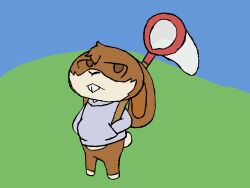  2022 animal_crossing anthro bottomless brown_body brown_eyes brown_fur brown_inner_ear buckteeth butterfly_net clothed clothing digital_drawing_(artwork) digital_media_(artwork) domestic_rabbit english_lop featureless_crotch firealpaca_(artwork) floppy_ears frown full-length_portrait fur grey_clothing grey_hoodie grey_topwear half-closed_eyes hand_in_pocket hands_in_both_pockets head_tuft hi_res holding_net hoodie lagomorph leporid lop_ears lop_rabbit male mammal narrowed_eyes net nintendo oryctolagus pockets portrait rabbit savy_(artist) savy_rabit scut_tail short_tail solo standing style_emulation tail teeth topwear tuft 