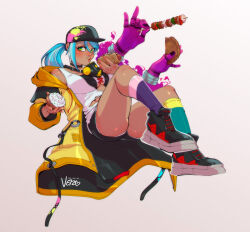  baseball_cap blue_hair breasts choker dark-skinned_female dark_skin disembodied_hand earrings eating female finger_tattoo green_eyes hat isla_(kof) jacket jewelry leg_tattoo light_blue_hair long_hair looking_at_viewer mask mask_around_neck multicolored_hair oversized_clothes ponytail respirator snk solo tank_top tattoo the_king_of_fighters the_king_of_fighters_xv thumb_ring torn_clothes torn_tank_top vero 