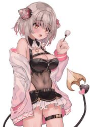  56koruru :d black_collar black_skirt blush breasts chest_harness cleavage collar cone_hair_bun covered_navel cowboy_shot demon_tail female frilled_collar frilled_skirt frills grey_hair hair_between_eyes hair_bun harness heart highres hood hoodie indie_virtual_youtuber large_breasts long_sleeves looking_at_viewer medium_bangs microskirt mimikaki multicolored_hair open_clothes open_hoodie open_mouth pink_hair pink_hoodie short_hair simple_background skirt smile solo suou_patra tail two-tone_hair virtual_youtuber white_background zipper 