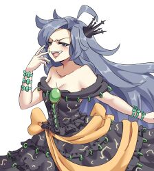  ahoge alternate_costume bare_shoulders black_dress breasts brooch cleavage collarbone dress female grey_hair highres himemushi_momoyo jewelry long_hair looking_at_viewer open_mouth praeto simple_background solo touhou white_background 