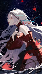  arknights bare_shoulders clothing_cutout commentary cowboy_shot crying crying_with_eyes_open dated dress english_commentary female from_side grey_hair hand_on_own_chest hand_up highres long_hair long_sleeves navel navel_cutout official_alternate_costume open_mouth orange_dress orange_eyes petals profile signature skadi_(arknights) skadi_the_corrupting_heart_(arknights) solo standing star_(sky) sui_yamami tears teeth tongue tongue_out upper_teeth_only very_long_hair water 