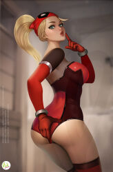  adapted_costume ass blonde_hair blue_eyes breasts commentary cowboy_shot deadpool_&amp;_wolverine didi_esmeralda english_commentary female from_behind index_finger_raised lady_deadpool leotard long_hair looking_at_viewer marvel marvel_cinematic_universe mask medium_breasts ponytail removing_mask solo superhero_costume thighhighs thighs unworn_mask web_address 