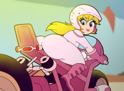  ass bare_shoulders biker_clothes biker_peach bikesuit blonde_hair blue_eyes blue_sky bodysuit female from_behind legs lips looking_at_viewer looking_back mario_(series) motor_vehicle motorcycle nintendo pink_bikesuit pink_bodysuit ponytail princess_peach racing_suit sky smile solo sunlight the_super_mario_bros._movie thick_thighs thighs tonyneely 