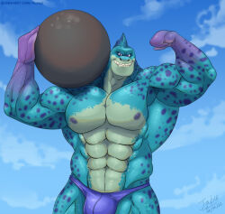  abs anthro biceps cephalopod coleoid fish hi_res hybrid jabuhusky kaiju male marine mollusk monster muscular muscular_anthro muscular_male nipples octopodiform octopus pecs rumble_(movie) shark solo tentacular_(rumble) 