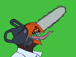  2022 ambiguous_gender chainsaw chainsaw_man clothed clothing collared_shirt denji_(chainsaw_man) digital_drawing_(artwork) digital_media_(artwork) firealpaca_(artwork) flat_colors green_background grey_teeth headshot_portrait hi_res long_tongue object_humanoid open_mouth portrait power_tool purple_tongue savy_(artist) sharp_teeth shirt side_view simple_background solo tapering_tongue teeth tongue tongue_out tools topwear white_clothing white_shirt white_topwear 