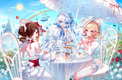  3girls :d absurdres ahoge bare_back bare_shoulders blonde_hair blue_eyes blue_hair bottle bow brown_hair cake cake_slice champagne_flute chiori_(genshin_impact) commentary crescent cup detached_sleeves dress drinking_glass drop-shaped_pupils emilie_(genshin_impact) emilie_(guerlain)_(genshin_impact) flower food food_in_mouth fork fruit furina_(genshin_impact) genshin_impact glasses gloves hair_between_eyes hand_up hat heterochromia highres holding holding_fork light_blue_hair long_sleeves looking_at_viewer multicolored_hair multiple_girls off-shoulder_dress off_shoulder outdoors perfume_bottle pink_flower plate rainbow red_eyes revision sheya side_ponytail smile strawberry streaked_hair sun symbol-only_commentary symbol-shaped_pupils table teeth tiered_tray upper_teeth_only water_drop white_bow white_dress white_flower white_gloves white_hat wine_glass 